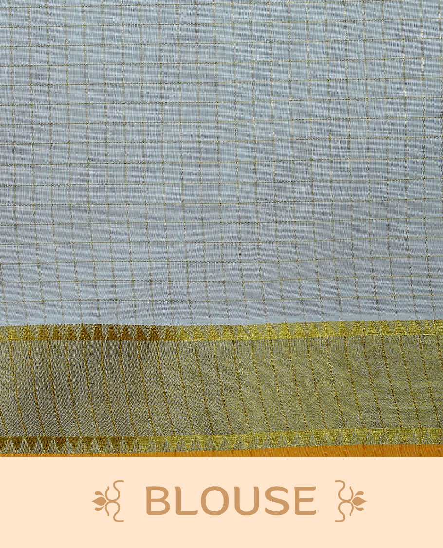 Cream Colour Kerala Saree Featuring Gold Zari Checks On The Body, Enhanced By A Gold Zari Border With Floral Prints And A Matching Pallu, Paired With A Matching Blouse Piece.
