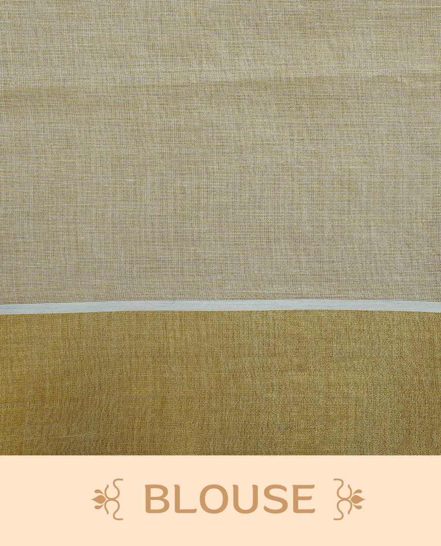 Cream colour Tissue kerala saree featuring Embroidery buttas on body, complemented by Floral thread work with Print & kasavu kara, comes with matching blouse piece.