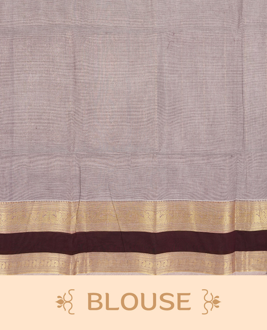 Pastel purple colour Chettinad cotton saree highlighted with subtle golden zari lines on the body, The rich maroon border with intricate golden weaving & Comes with a matching blouse piece.
