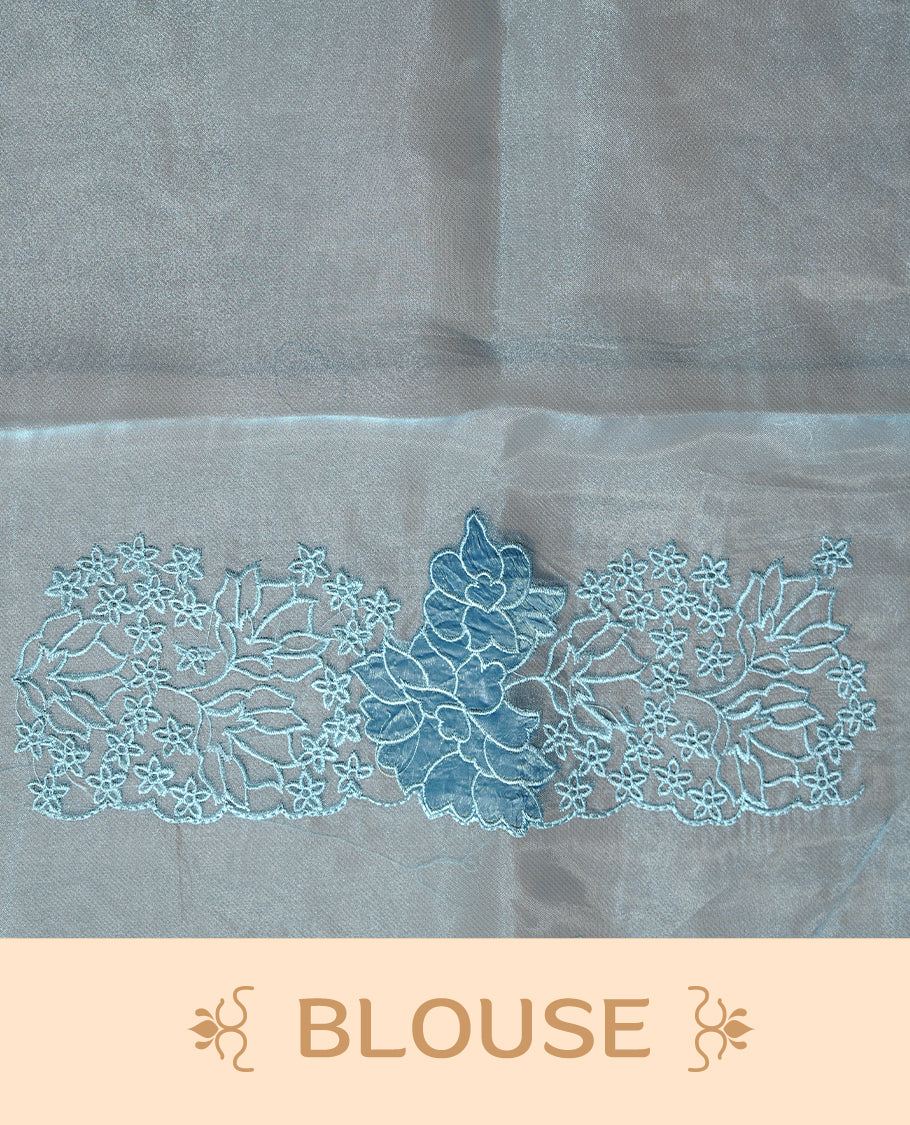 Pastel Blue colour Pure Organza Featuring Self colour Embroidery motifs on body, Enriching floral thread pattern & scalp border, paired with matching blouse piece.
