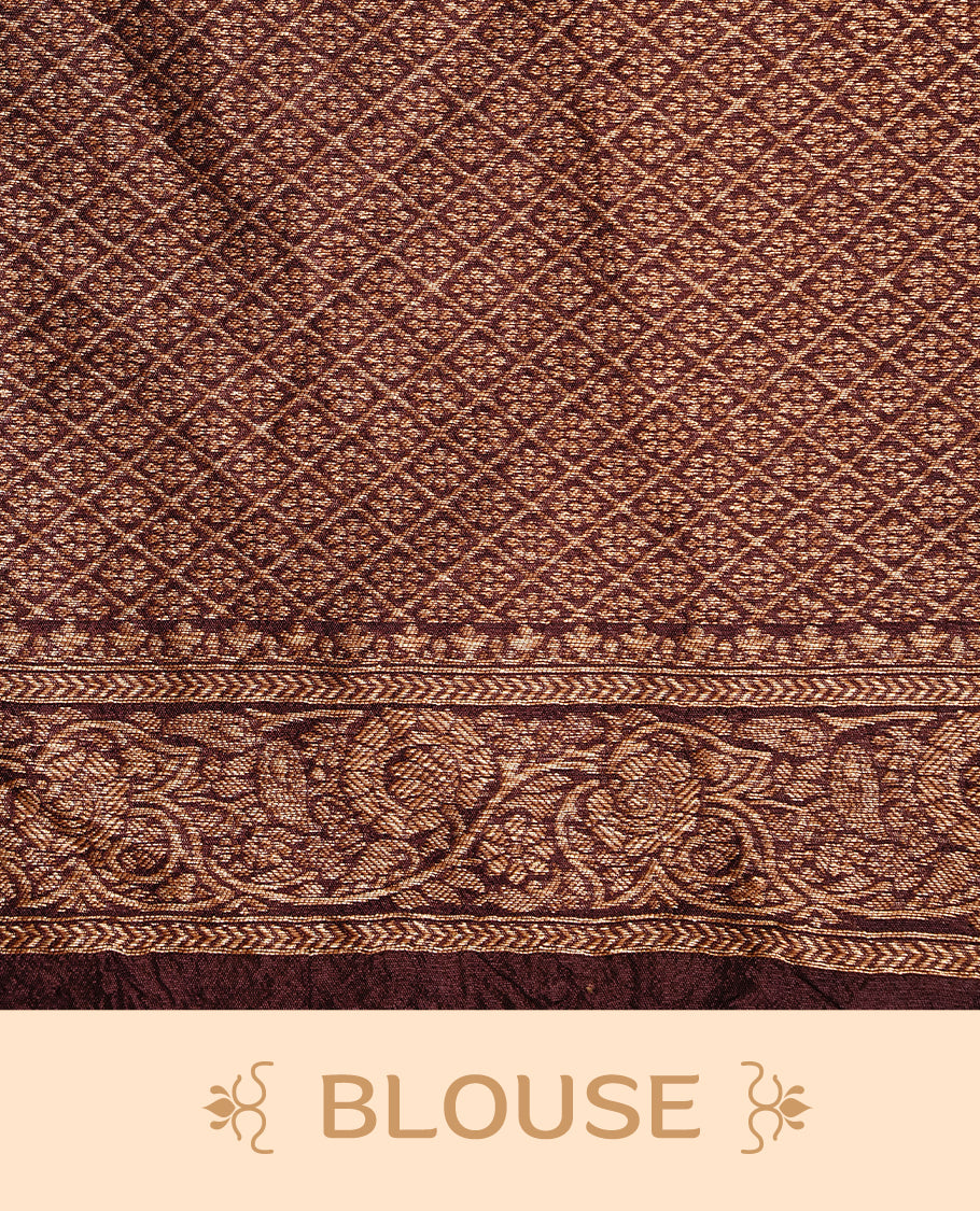 Chocolate brown colour Banarasi Bandhani silk saree featuring intricate antique zari circle Buttas across the body, complemented by an elegant antique zari border. Comes paired with a matching blouse piece