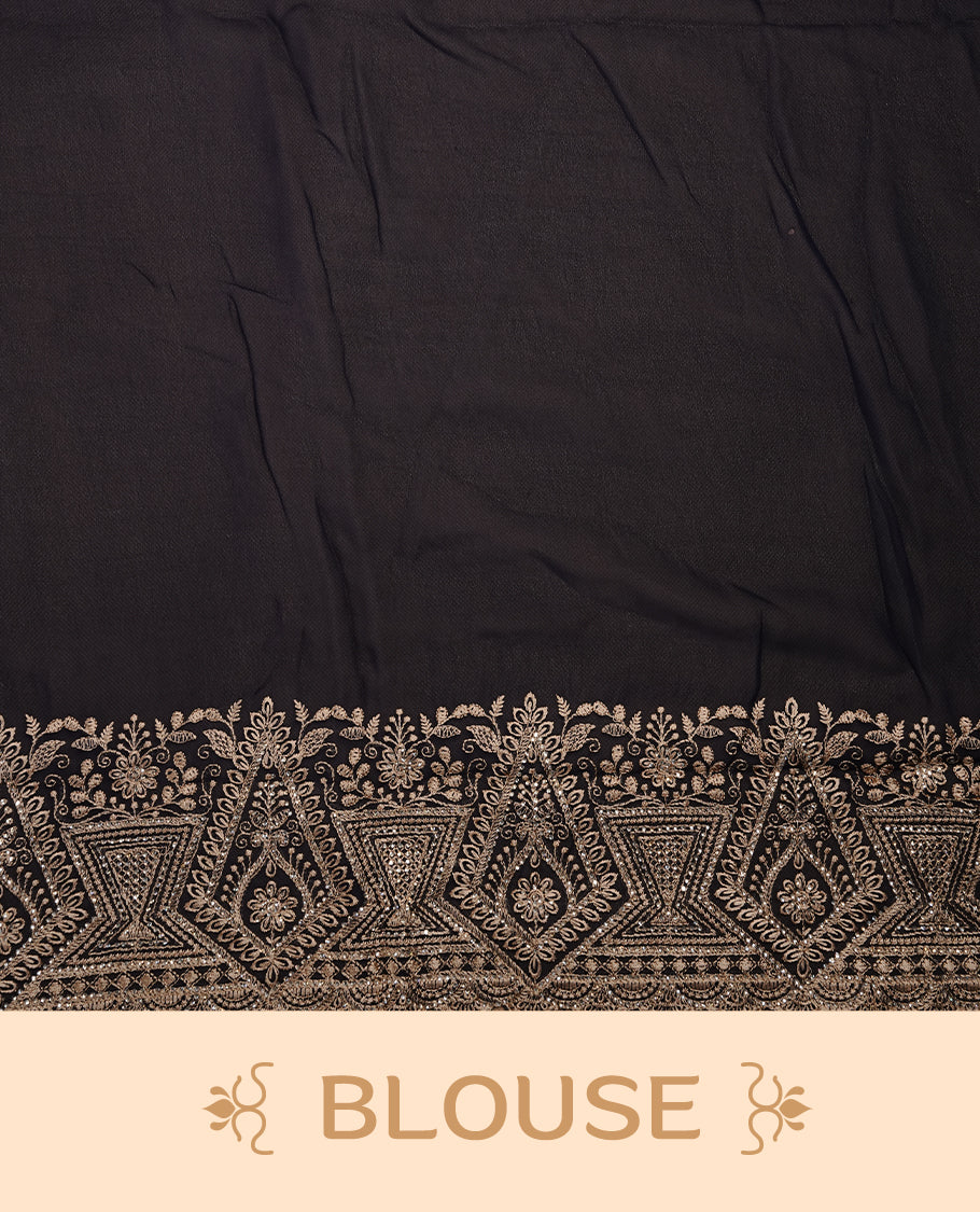 Dark blue colour georgette designer saree featuring Gold thread floral pattern on body highlighting with stone and scalp border, paired with matching blouse piece.