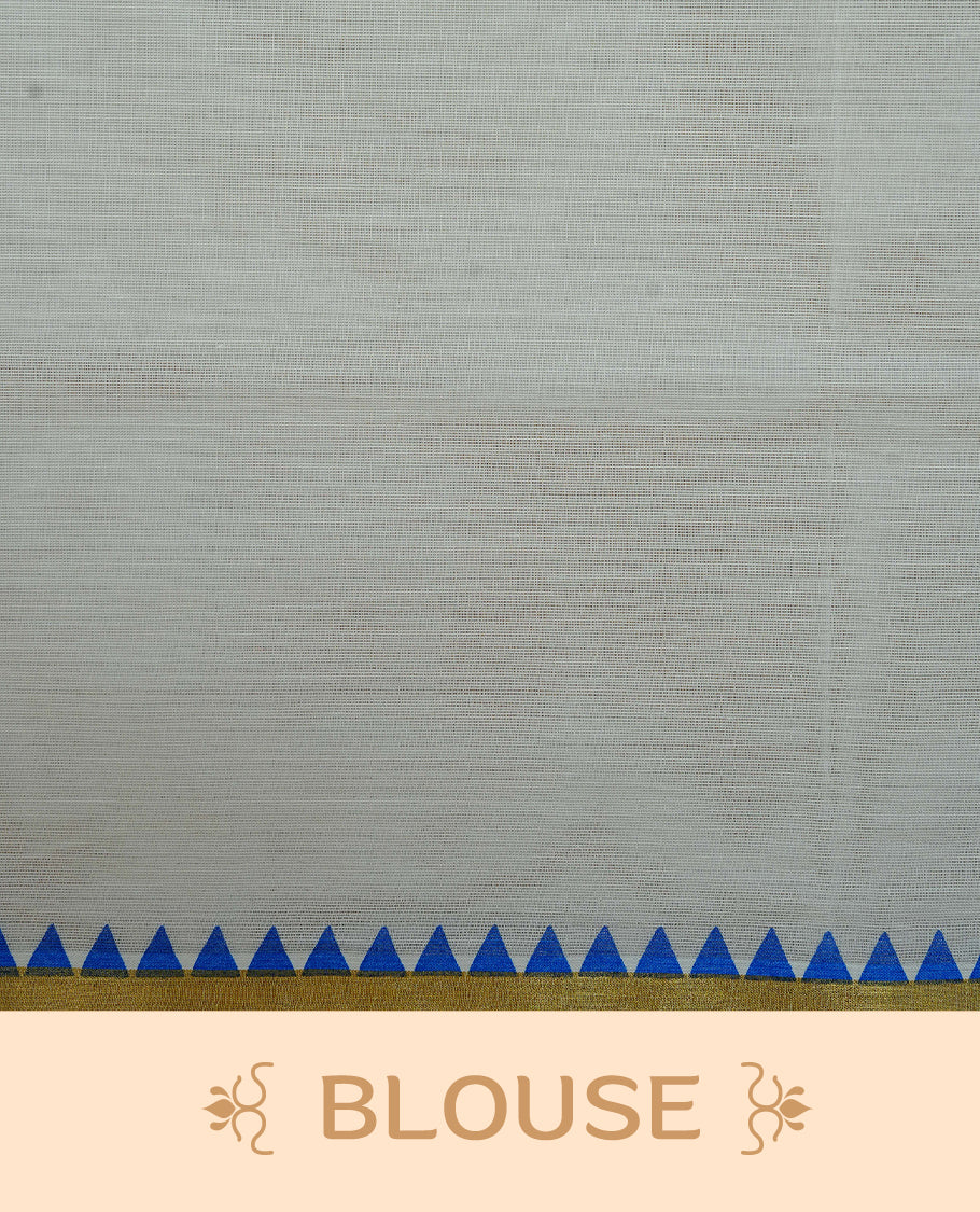 Cream Colour Cotton Kerala Saree Featuring A Gold Zari Border And Blue Temple Edging, Paired With A Matching Blouse Piece