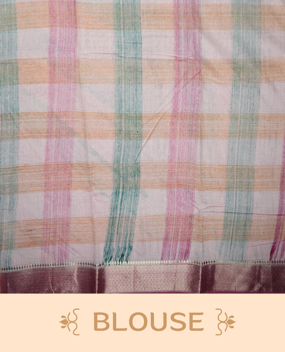 Pastel pink colour mixed chanderi cotton saree featuring checkered body, with silver zari border, and matching checkered blouse.