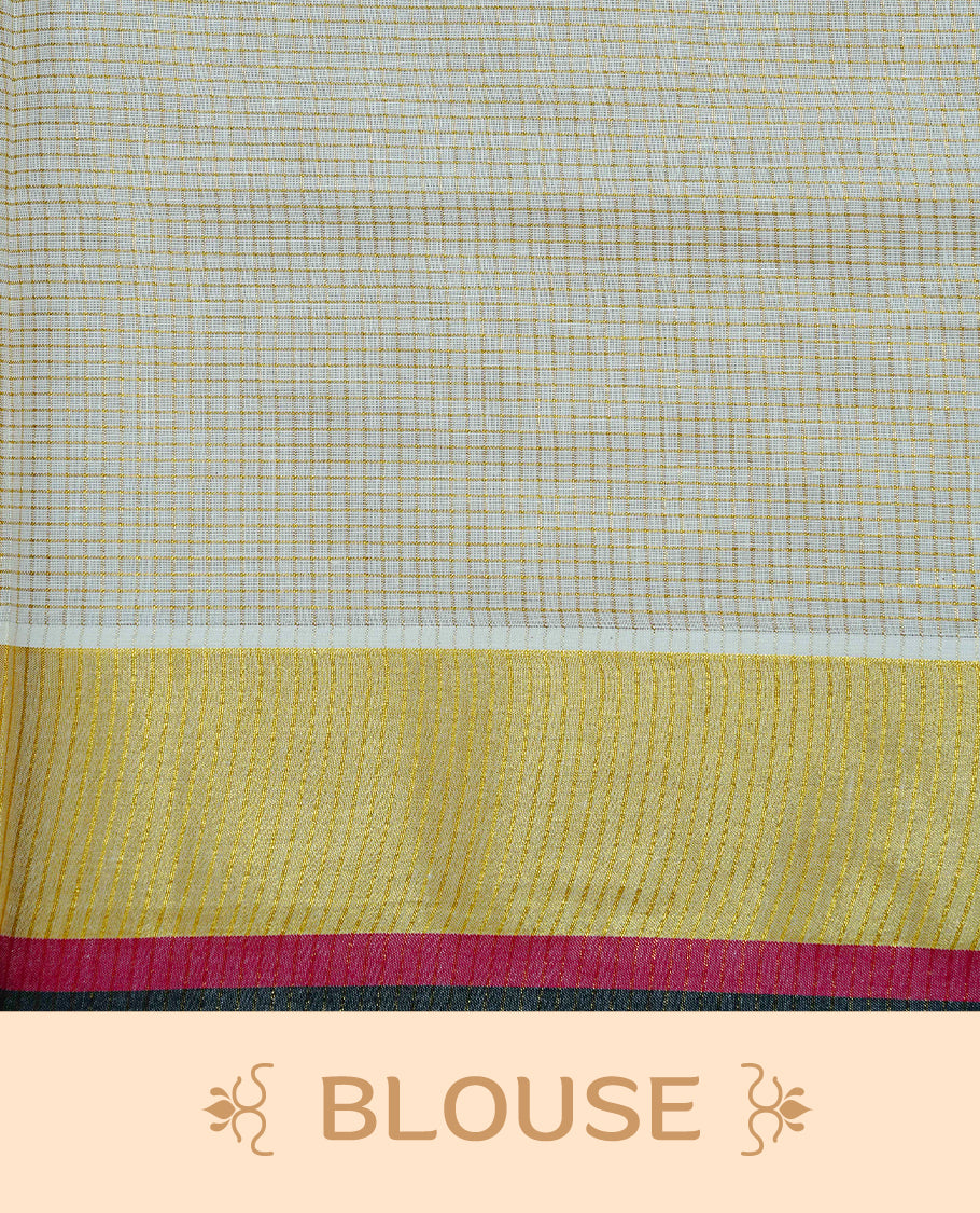 Cream colour cotton Kerala saree Featuring Gold zari Checks across the body, complemented by Classy Gold zari with an Maroon  &  Black  Border & pallu, paired with a matching blouse piece.