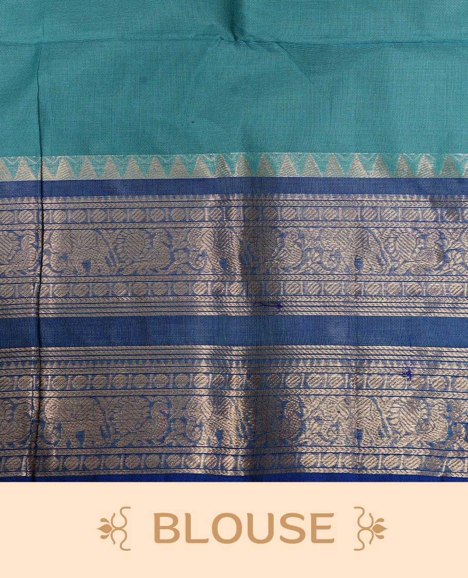 Aqua colour Chettinad cotton saree featuring Elegant plain body, complemented by contrast Teal colour with Gold zari border, paired with matching blouse piece.