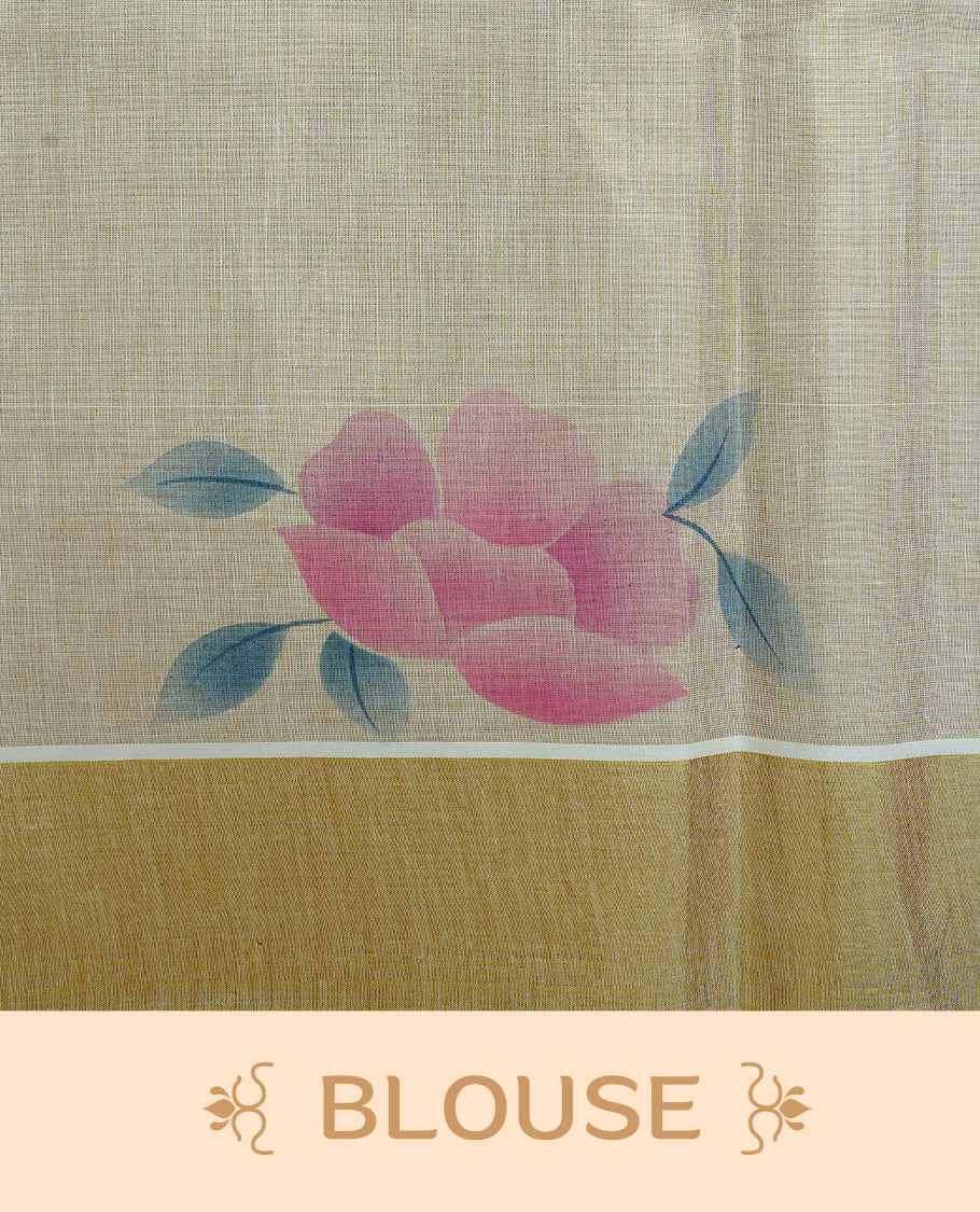 Cream Colour Tissue Kerala Saree Featuring Digital  Pink Rose Prints Across The Body, Enhanced With A Gold Zari Border , Finished With Pink & Cream Tassels And A Matching Blouse Piece