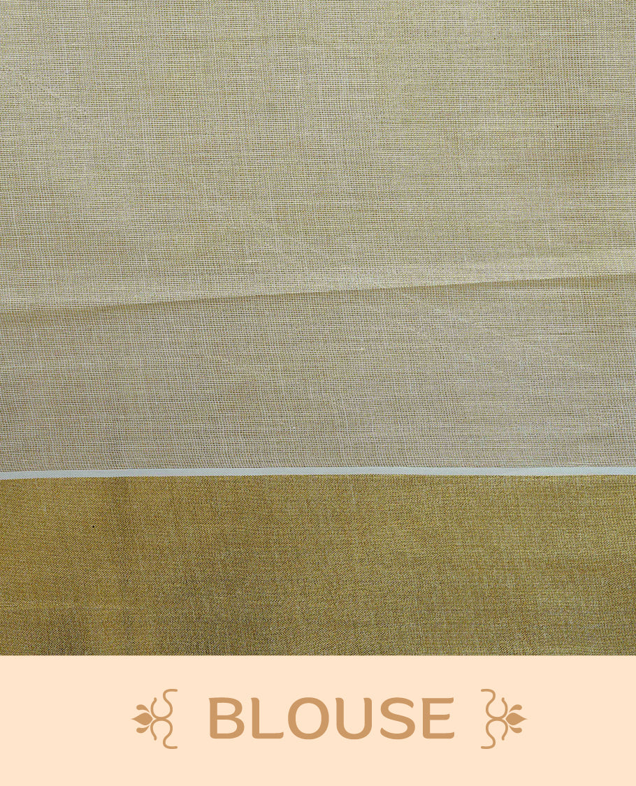 Cream colour Tissue kerala saree featuring Embroidery buttas on body, complemented by Plant thread work & kasavu kara, comes with matching blouse piece.