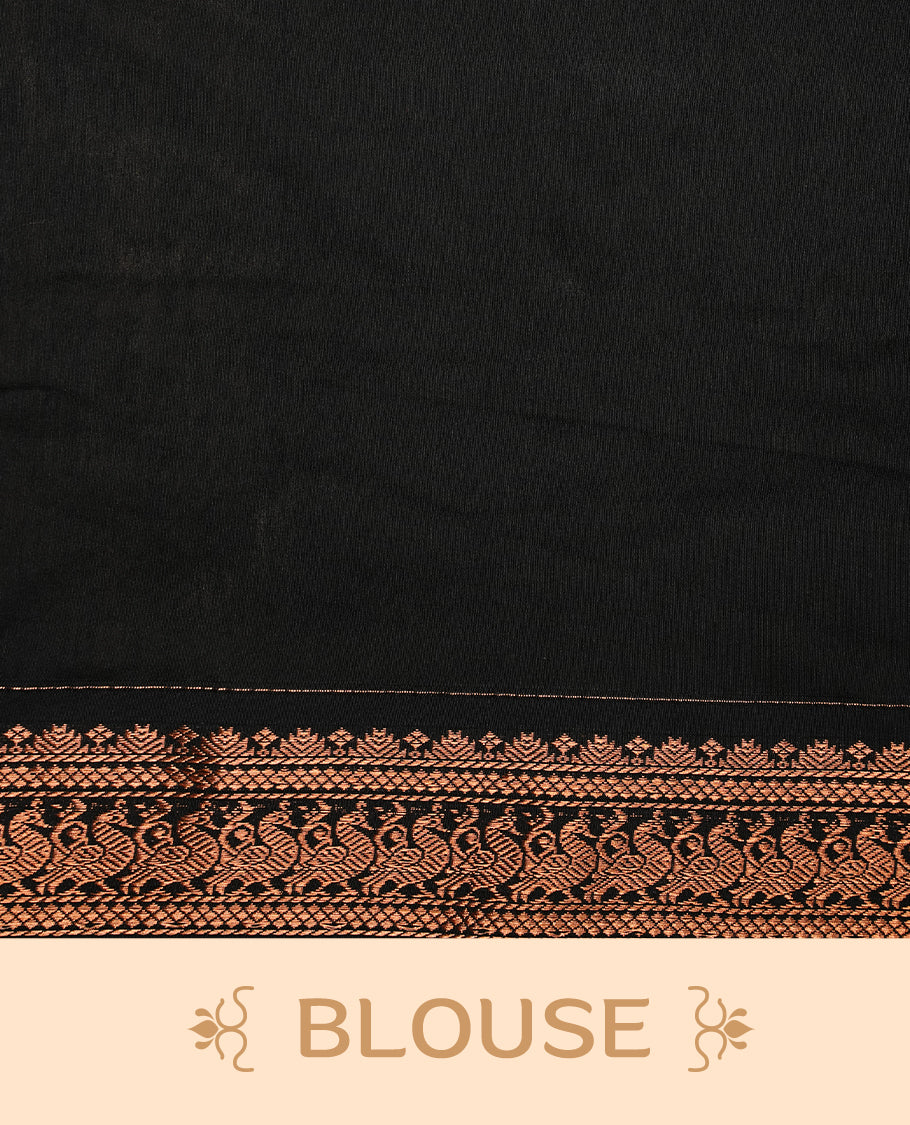 Black colour kalyani cotton saree featuring gold zari motifs on body, highlighting self colour with Antique gold zari border, paired with matching blouse piece.