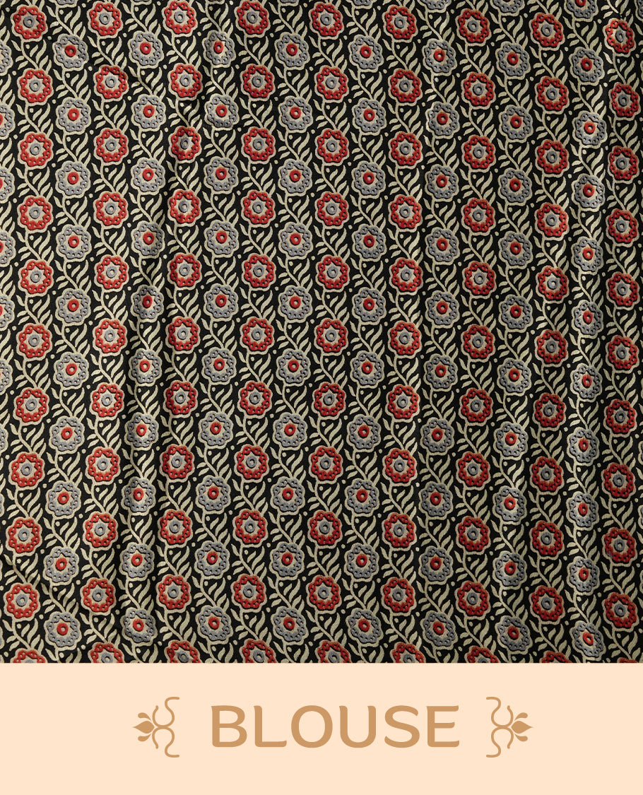 Black and beige colour striped saree with red floral embroidered border and abstract beige pallu detailing & Paired with a matching blouse.