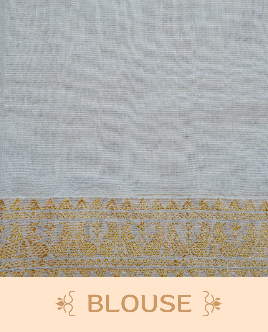Cream Colour Cotton Kerala Saree Featuring Gold Buttas on the Body, a Classy Gold Zari Border, and a Traditional Green Colour Lord Krishna Thread work and Gold Zari Pallu, Paired with a Matching Blouse Piece.