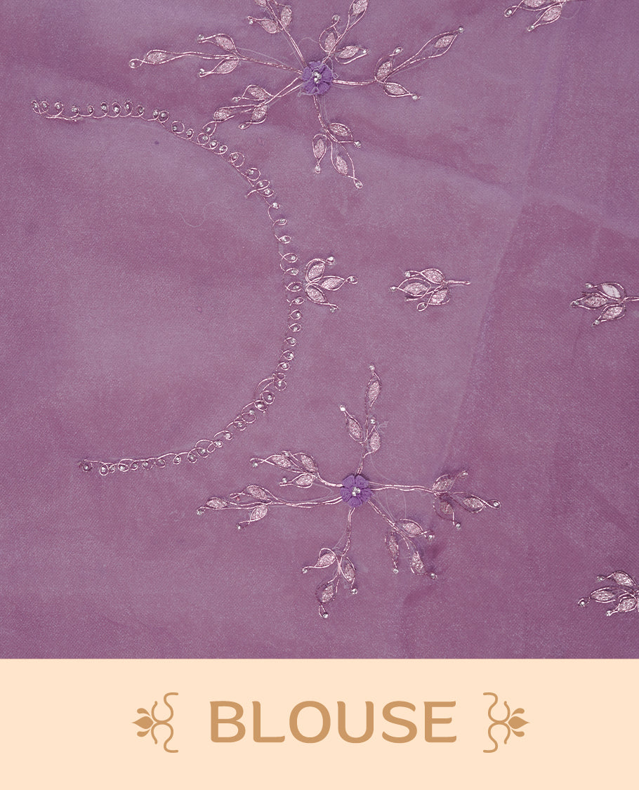 Dusty Pink colour crush organza saree featuring gold thread floral and stone worked body, highlighting scalp designed border, paired with matching blouse piece.