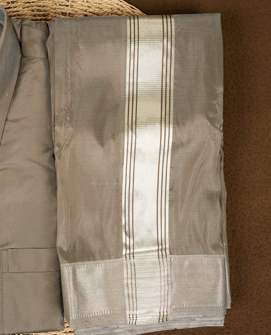 Chocolate colour Aswin’s wedding set featuring a refined silk shirt and matching dhoti with gold  zari detailing, crafted for timeless elegance and perfect for traditional weddings and festive occasions.