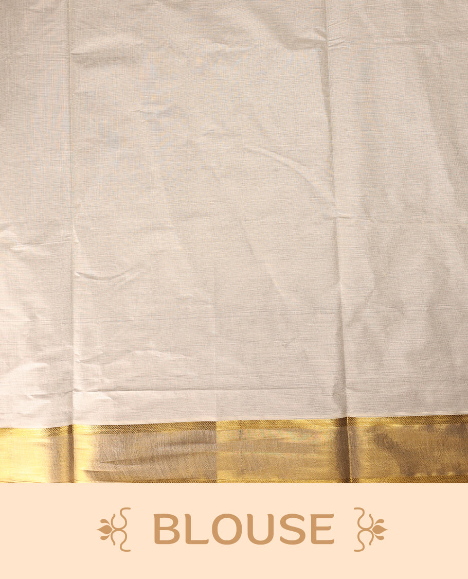 Elegant off white colour cotton Kerala saree embellished with golden buttas across the body and an ornate golden zari border and pallu featuring intricate motifs & A perfect traditional pick, paired with a matching blouse piece.