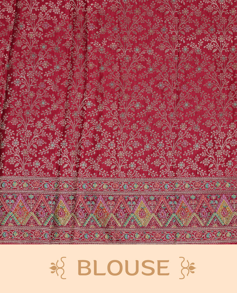 Mustard colour pashmina silk saree features all over motifs on body, contrast red with multi colour geometric border, paired with matching unstitched blouse blouse.