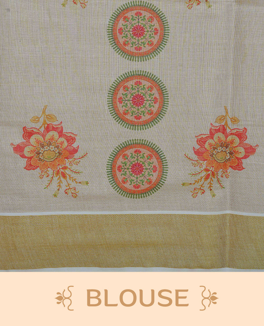 Cream Colour Tissue Kerala  Saree Featuring A Digital Floral Printed Body &  Pallu, , Beautifully Enhanced With A Classic Gold Zari Border And Red & Olive Green  Tassels, Paired With A Matching Blouse Piece.