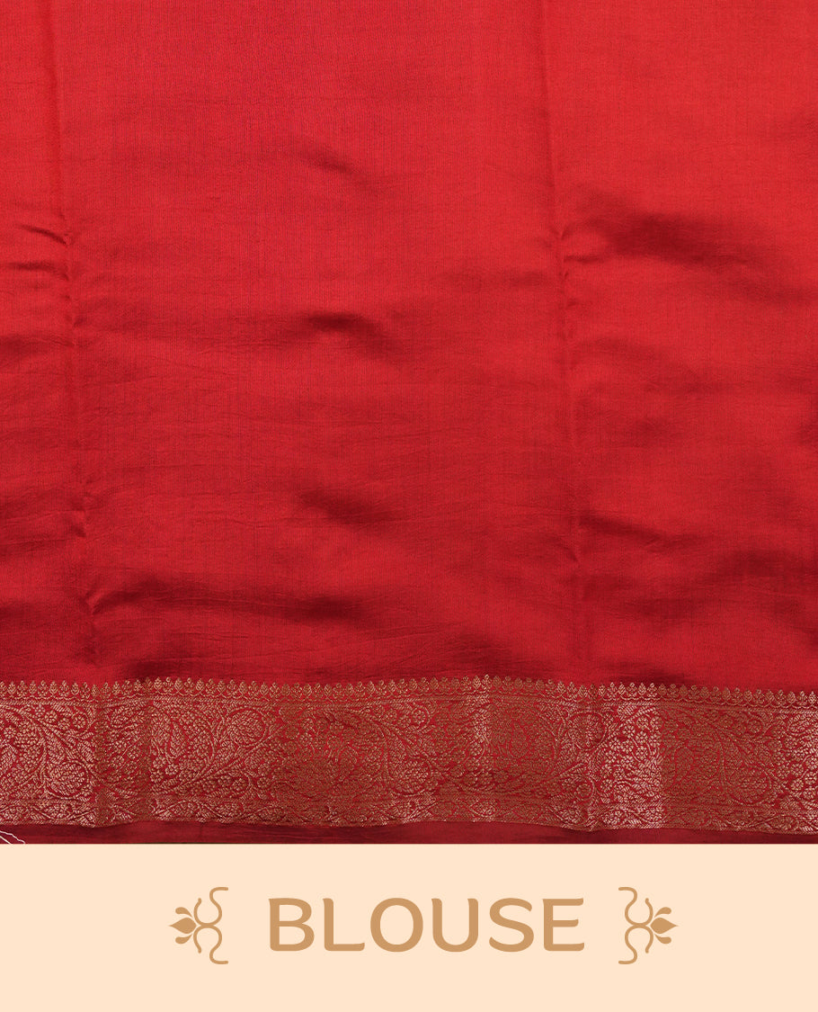 Pink peach Banaras soft silk saree with gold zari oval motifs on body, with contrast Deep red colour floral pattern on pallu, border, and Matching blouse.