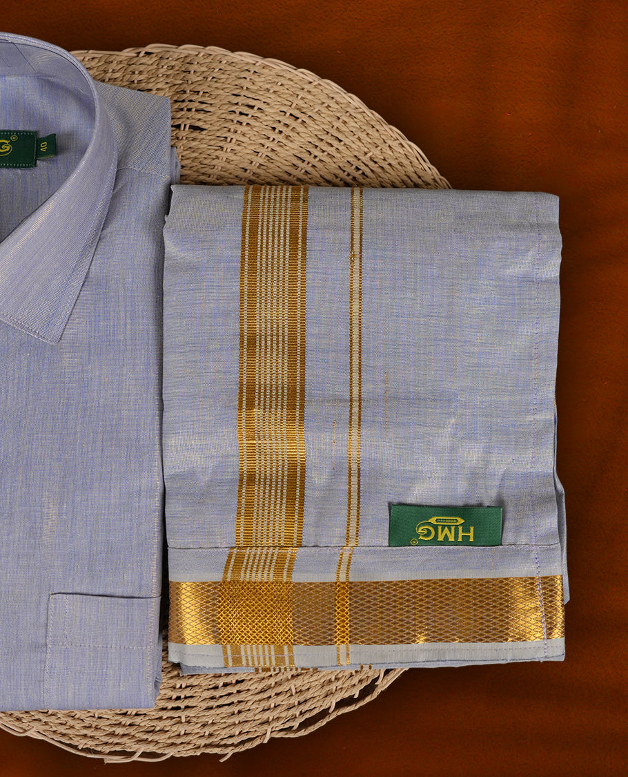 Lilac colour shirt & dhoti set by HMG, paired with rich gold zari border for a refined traditional look, Perfect for weddings, poojas & gifting.