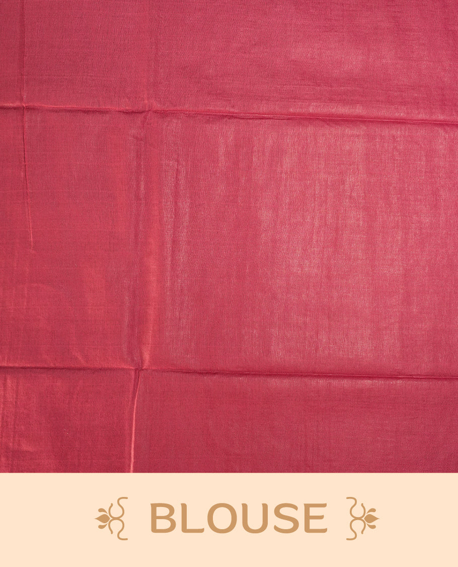 Crimson red colour semi jute saree featuring subtle linear woven motifs across the body, Enhanced with a finely crafted pallu and sleek border & Comes with a matching blouse piece for a complete look.
