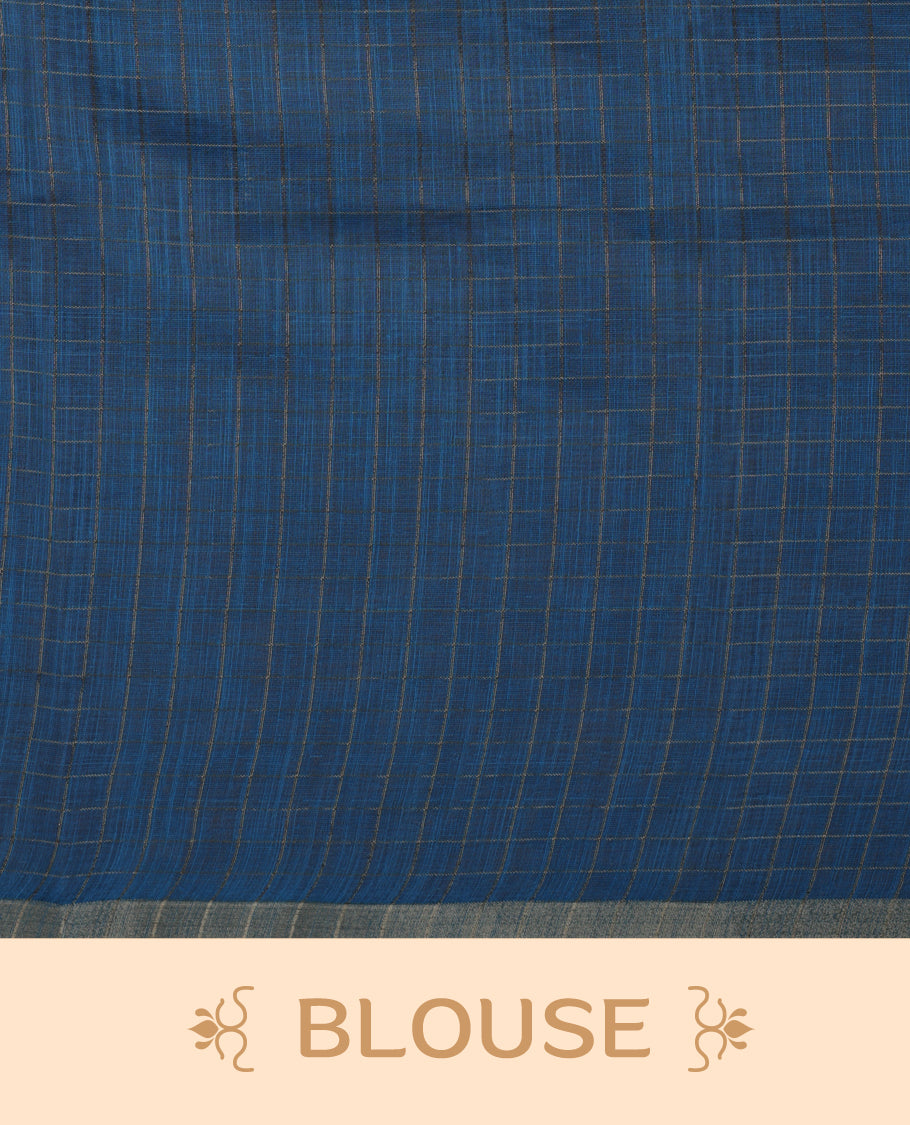 Off white colour Soft cotton saree featuring elegant bird prints along the edges, a stylish checked body, and a beautifully designed blue border & Paired with a matching blouse piece.