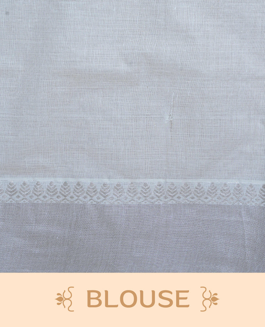 Cream Cotton Kerala Saree with Rose Gold Zari Leaf  Motifs, Rose Gold Zari Leaf Pattern Border and  Pallu, Paired with a Matching Blouse Piece.