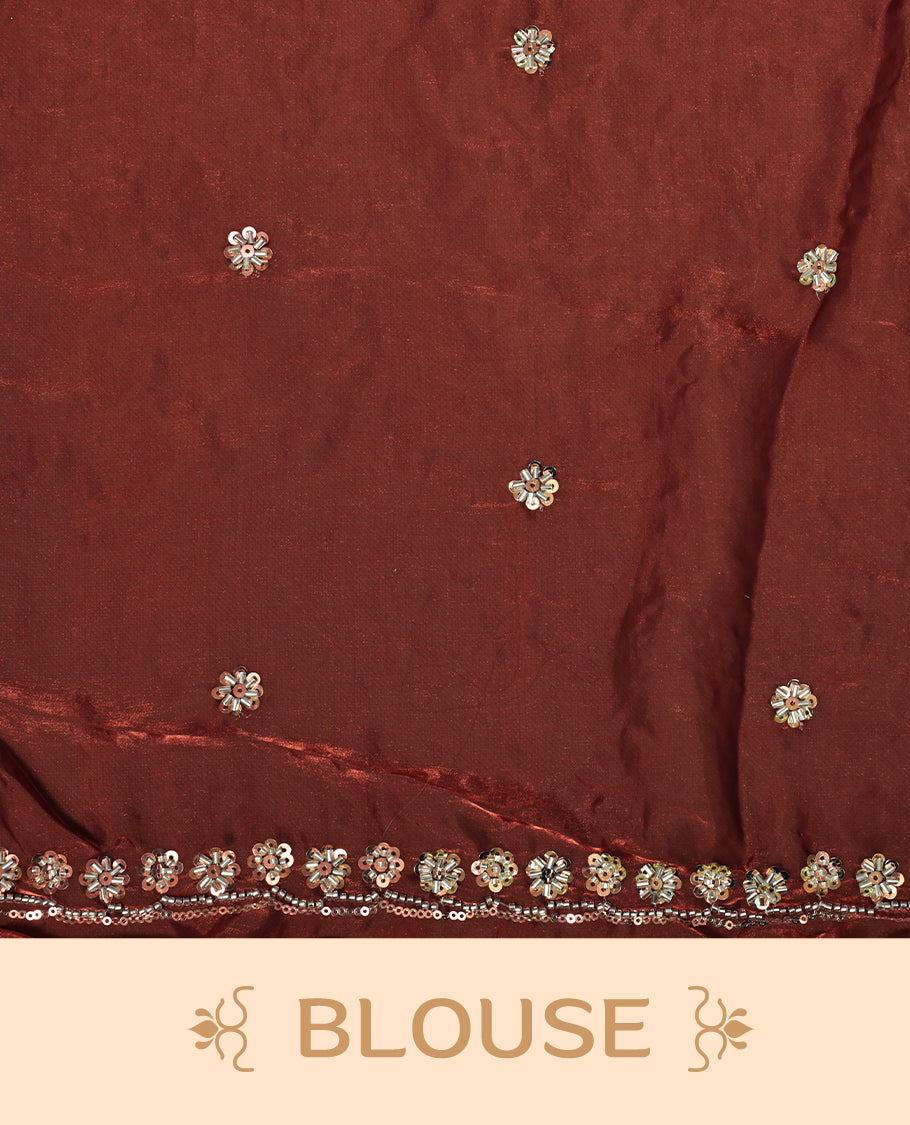 Brownish Orange colour designer saree featuring Sequins & cut beats worked body, cut beat worked border, paired with matching unstitched blouse.