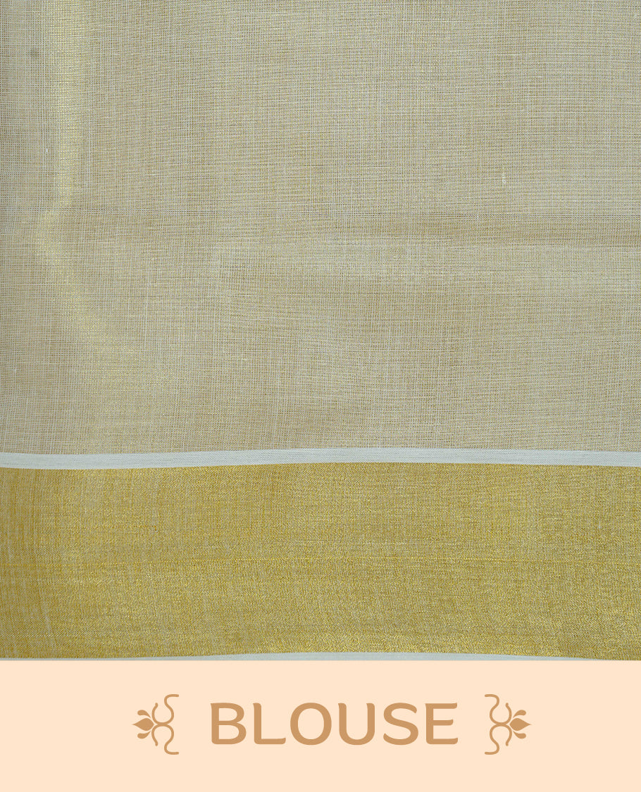 Cream Colour Tissue  Kerala Saree Featuring  Plain  Body, Enhanced With A Gold Zari  Border, A Traditional Gold Zari Pallu, And A Matching Blouse Piece.