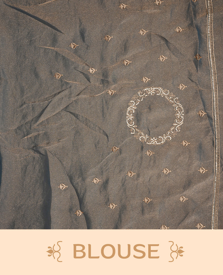 Blue colour organza saree featuring thread & gold stone pattern on body, highlighting scalp border, paired with mtahcing blouse piece.