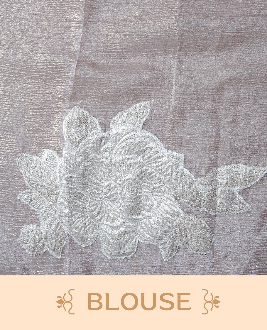 Pastel purple colour Crush Organza Saree featuring White floral Pattern on body, complemented by classy Thread border, paired with matching blouse piece.