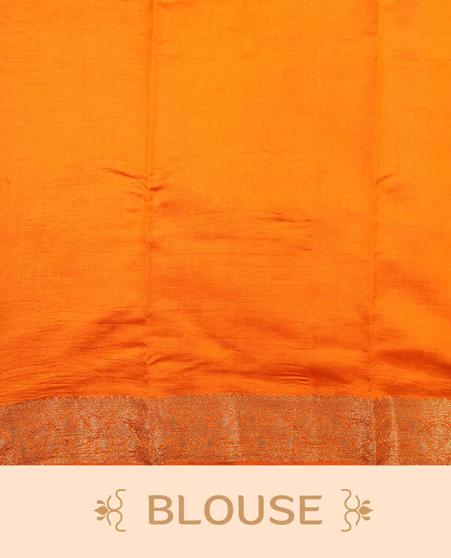 Gold Banaras soft silk saree with Antique zari motifs on body, with contrast Orange colour floral pattern on pallu, border, and Matching blouse.