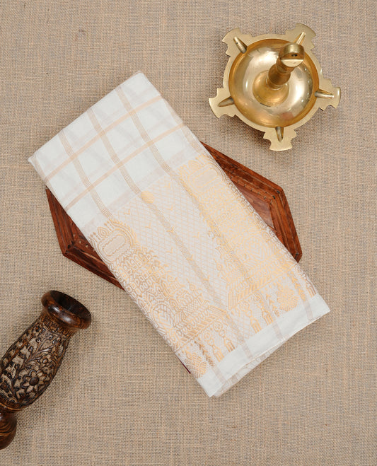 Off white colour Sungudi cotton saree featuring Gold zari checks on body, Gold zari temple design on Self colour border, paired with matching blouse piece.