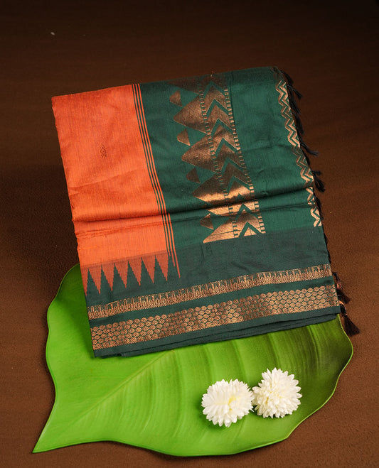Orange colour kalyani cotton saree featuring gold zari motifs on body, complemented by contrast green color with gold zari pattern border , paired with matching blouse piece.