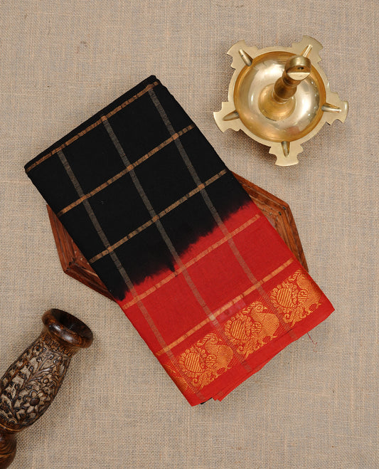 Black colour Sungudi cotton saree featuring Gold zari Check pattern on body, Gold zari Peacock design on Dyed Red colour design border, paired with matching blouse piece.