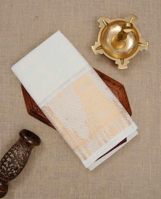 Off white colour Sungudi cotton saree featuring Elegant plain body, Gold zari temple design on Self colour border, paired with matching blouse piece.