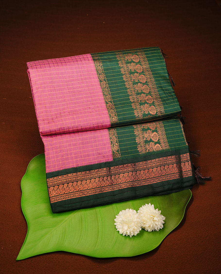 Pink colour kalyani cotton saree featuring gold zari check pattern on body, complemented by green colour with Antique zari border, paired with matching blouse piece.