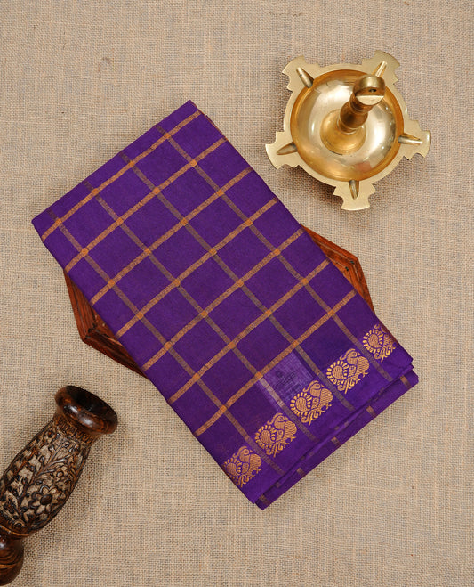 Violet colour Sungudi cotton saree featuring Gold zari Check pattern on body, Gold zari Peacock design on Self colour border, paired with matching blouse piece.