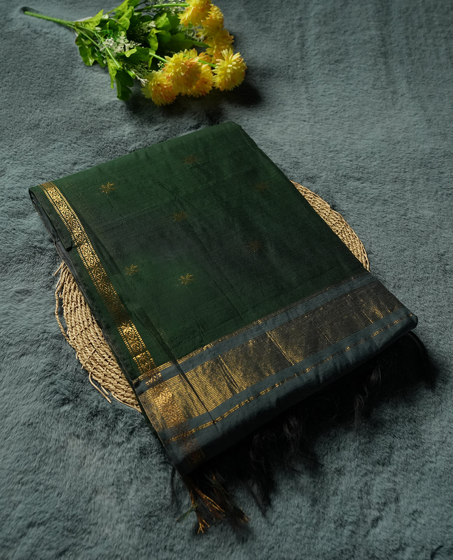 Green Silk Cotton Saree with Gold Floral Buttas Body, Accented by Gold Zari Border and Striped Pallu, Paired with Matching Blouse Piece