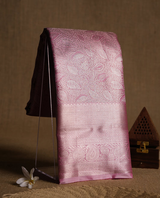 Light pink colour and gold Zari Tissue Brocade Saree features intricate Leaf Motifs on body and self coloured border & pallu, paired with matching blouse