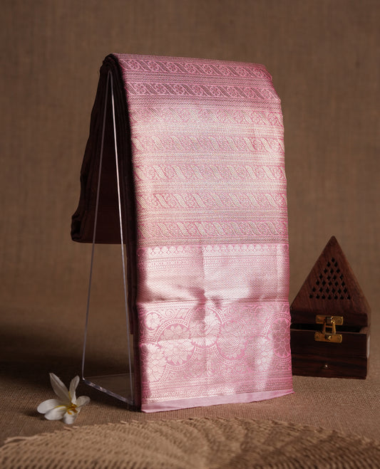 Light pink colour and gold Zari Tissue Brocade Saree features intricate Motifs on body and rose gold colour traditional border & pallu, paired with matching blouse