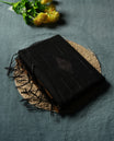 Black Cotton Saree with Silver and Bronze/Copper Diamond Butta Body, Featuring Gold/Mustard Zari-Accented Pallu with Scalloped Border Edge, Paired with Matching Gold/Mustard Plain Blouse Piece