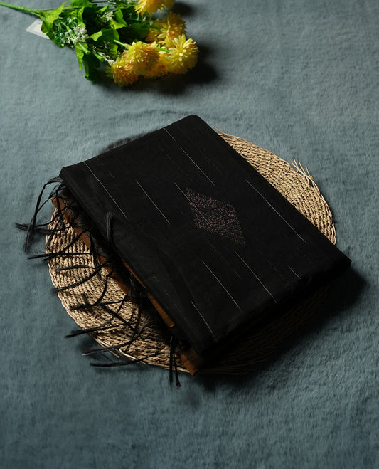 Black Cotton Saree with Silver and Bronze/Copper Diamond Butta Body, Featuring Gold/Mustard Zari-Accented Pallu with Scalloped Border Edge, Paired with Matching Gold/Mustard Plain Blouse Piece