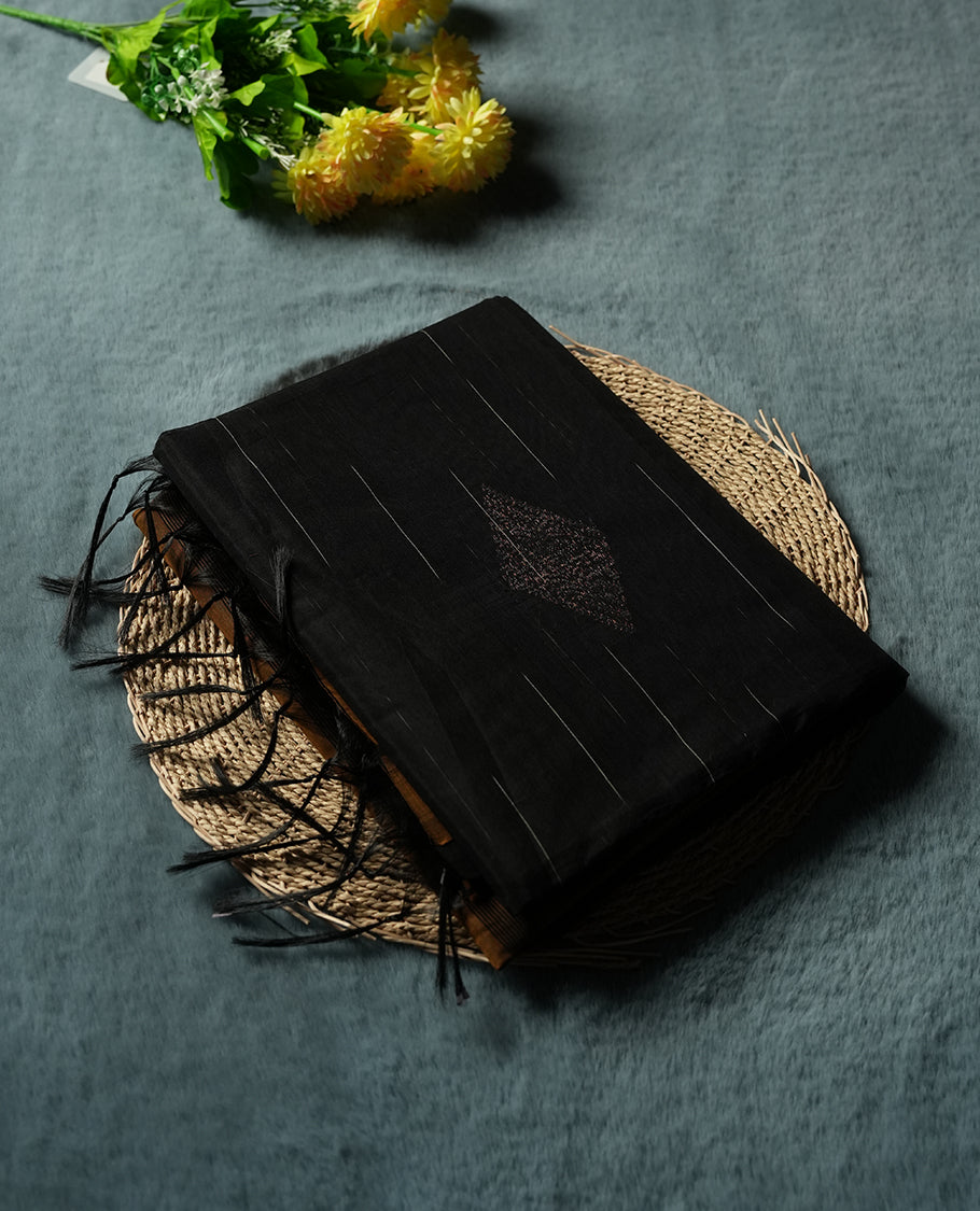 Black Cotton Saree with Silver and Bronze/Copper Diamond Butta Body, Featuring Gold/Mustard Zari-Accented Pallu with Scalloped Border Edge, Paired with Matching Gold/Mustard Plain Blouse Piece