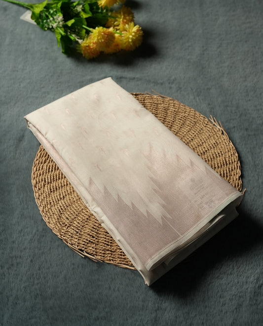 Cream Silk Cotton Saree with Subtle Woven Texture, Plain Unembellished Body, Paired with Matching Plain Blouse Piece