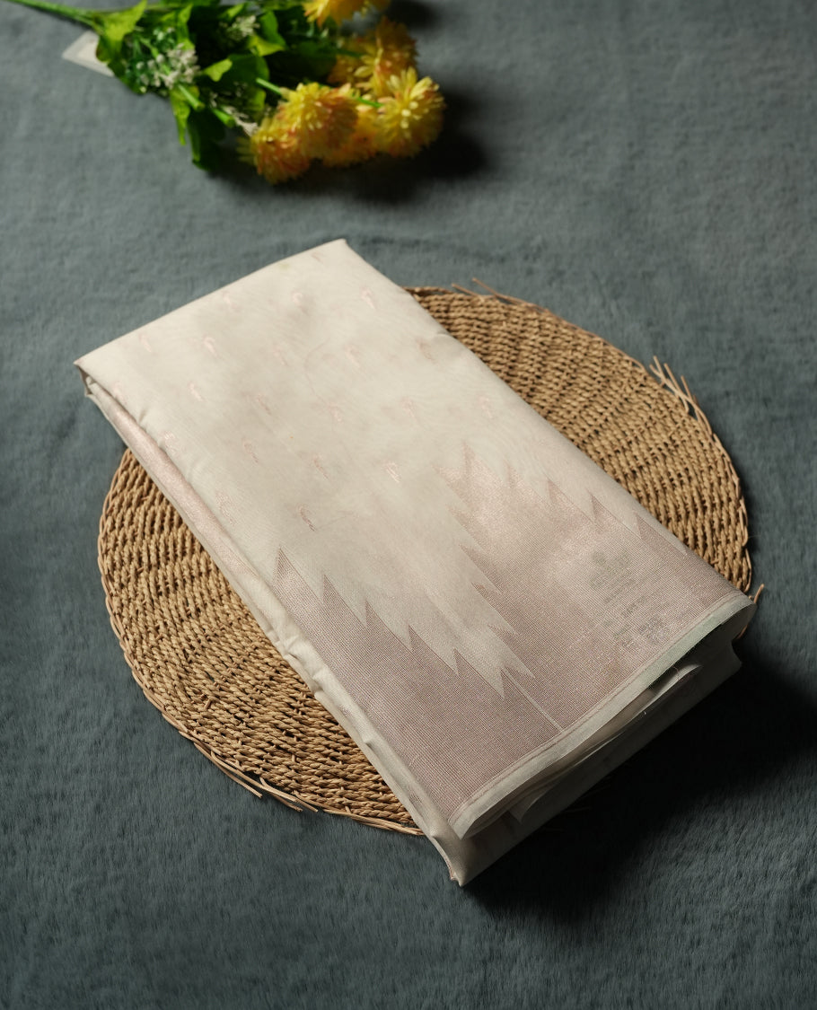 Cream Silk Cotton Saree with Subtle Woven Texture, Plain Unembellished Body, Paired with Matching Plain Blouse Piece