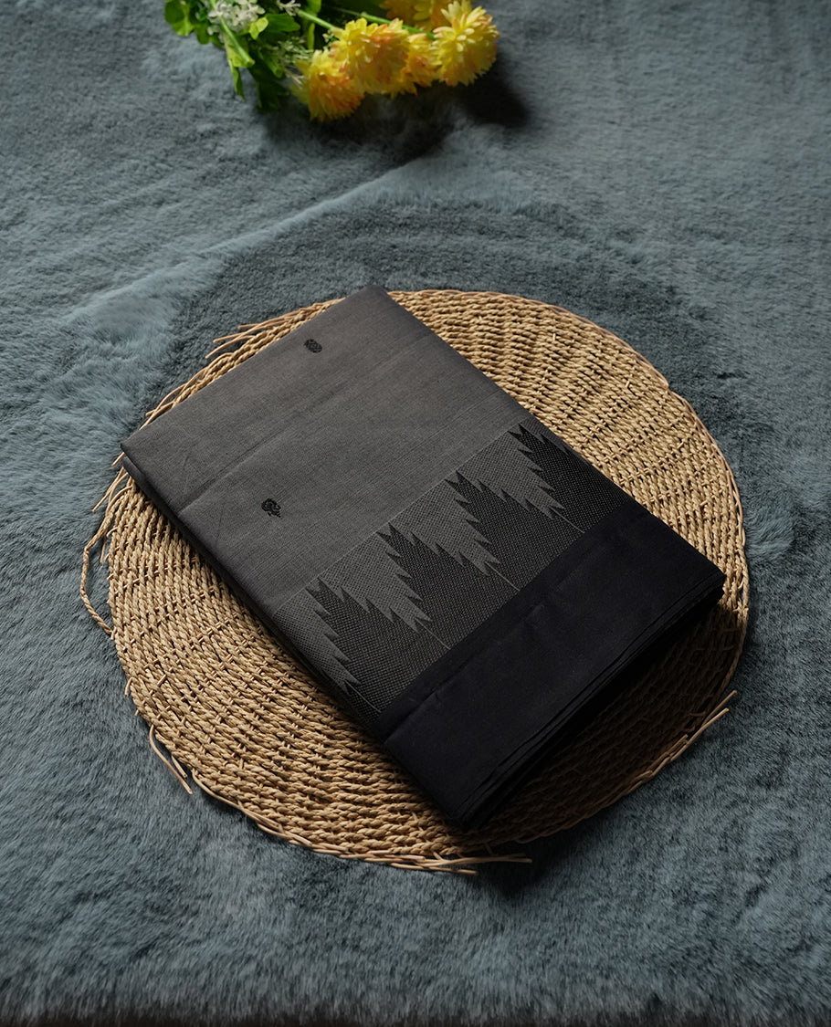 Grey Silk Cotton Saree with Black Floral Buttas Body, Accented by Zari Striped Border on Black and Grey Pallu, Paired with Matching Blouse Piece