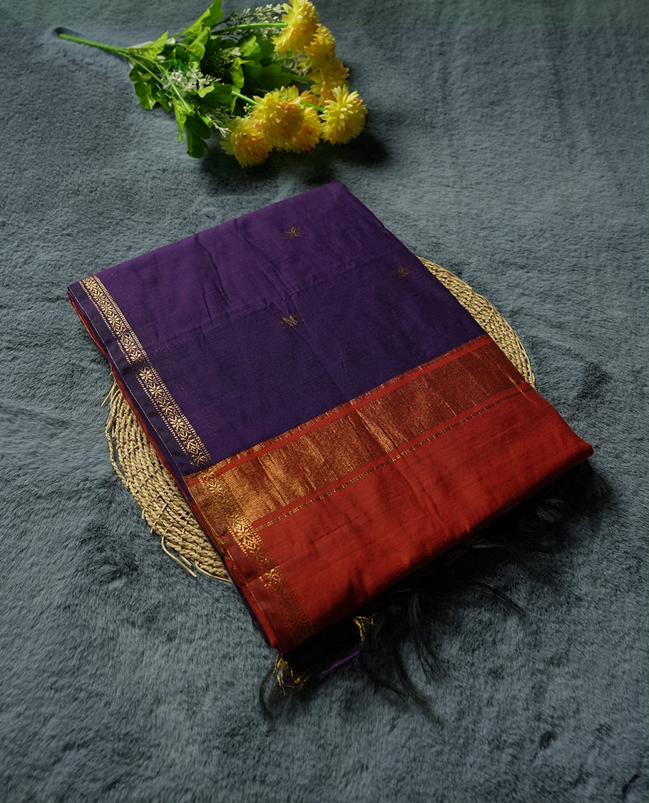 Purple Colour Silk Cotton Saree with Gold Floral Buttas Body, Accented by Red and Gold Zari Striped Pallu, Paired with Matching Blouse Piece