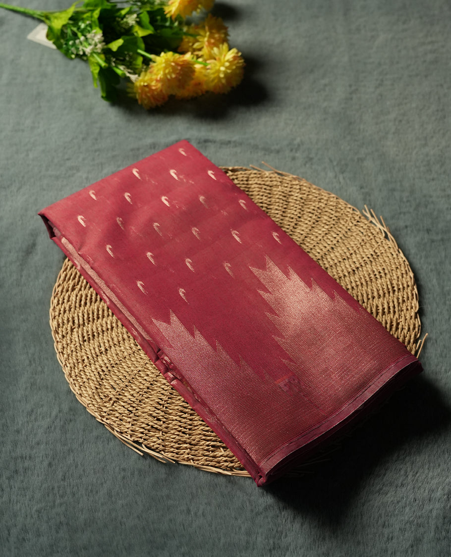 Coral Pink Cotton Saree with Silver Teardrop Butta Body, Featuring Ornamental Zari-Woven Border with Circular Medallion Pattern on Grand Pallu, Paired with Matching Coral/Pink Plain Blouse Piece