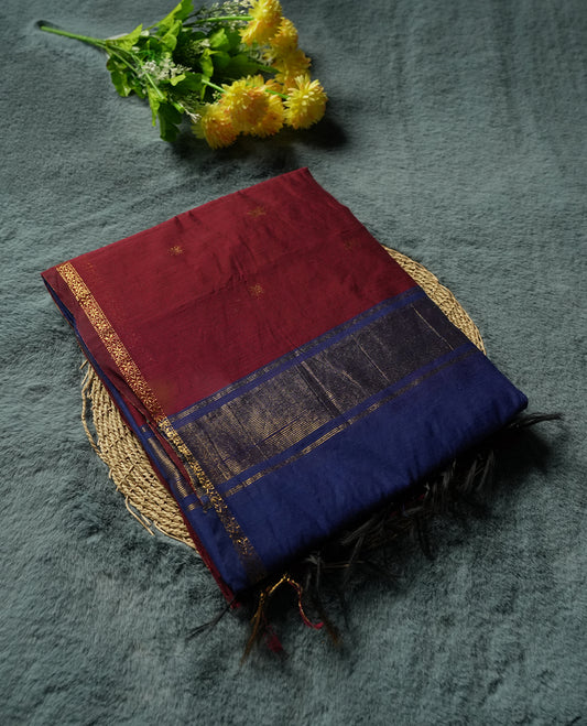 Red Silk Cotton Saree with Gold Floral Buttas Body, Accented by Gold Zari Border on Navy Blue and Red Striped Pallu, Paired with Matching Blouse Piece