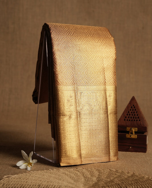 Golden colour and gold Zari Tissue Brocade Saree features intricate Geometric Motifs on body and golden colour traditional border & pallu, paired with matching blouse