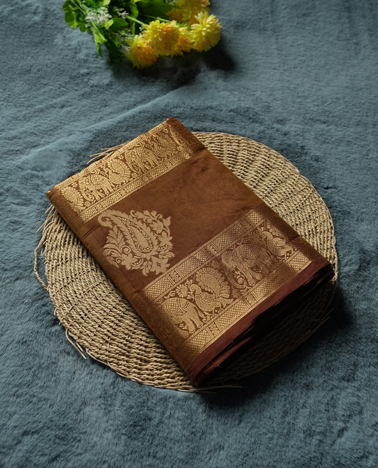 Gold Colour Silk Cotton Saree with Striped Body, Accented by Brown and Gold Zari Border with Elephant and Paisley Motifs on Pallu, Paired with Matching Blouse Piece